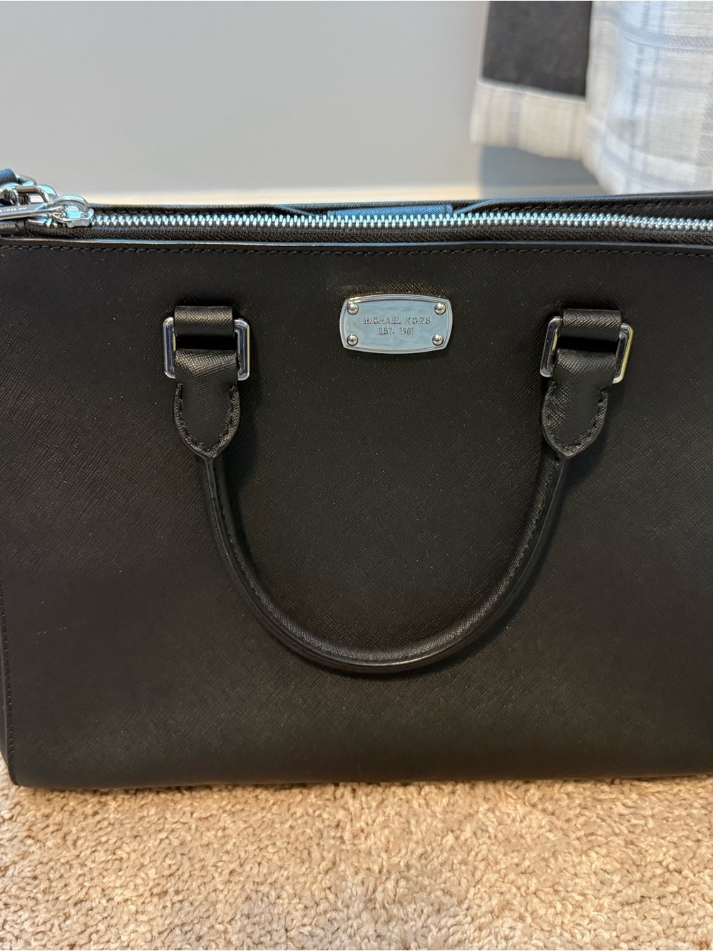 Michael Kors Black Saffiano Zip-Top Tote with Silver Plaque